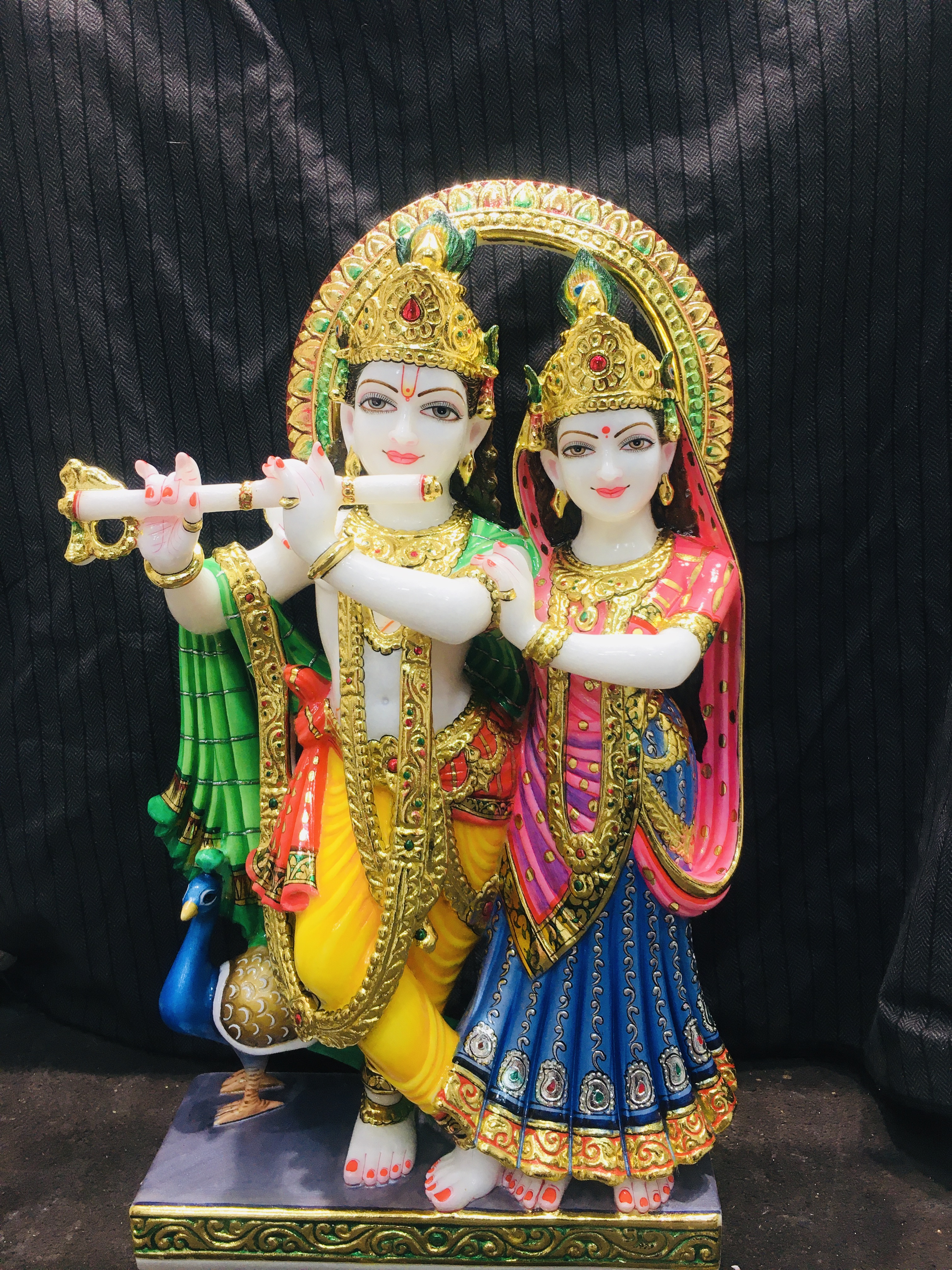 Bright Radha Krishna Peacock Statue